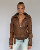 Brown Waist Strap Leather Jacket